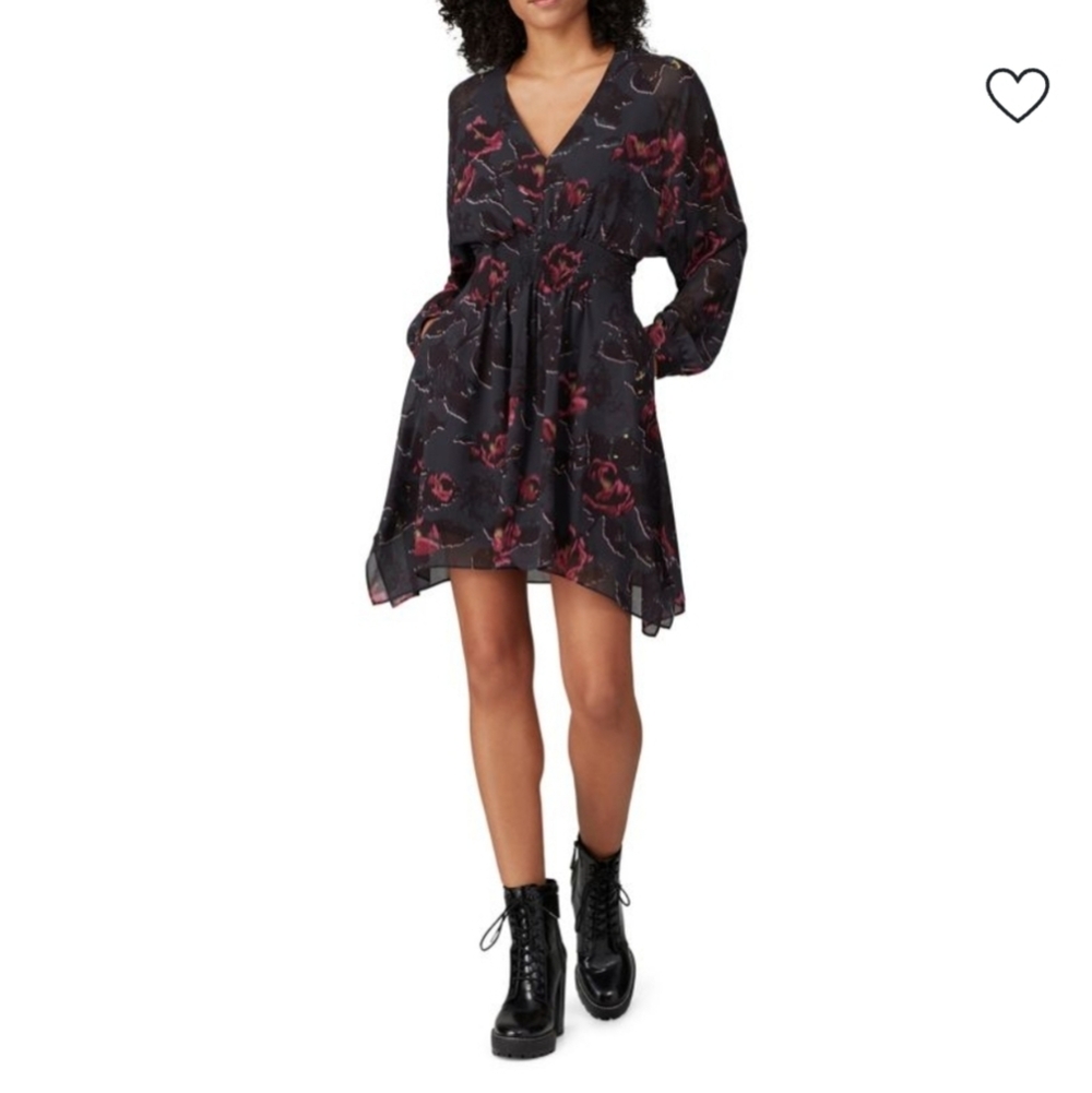 All Saints Nicola Rosalyn Floral Smocked Black and Pink Mini Dress